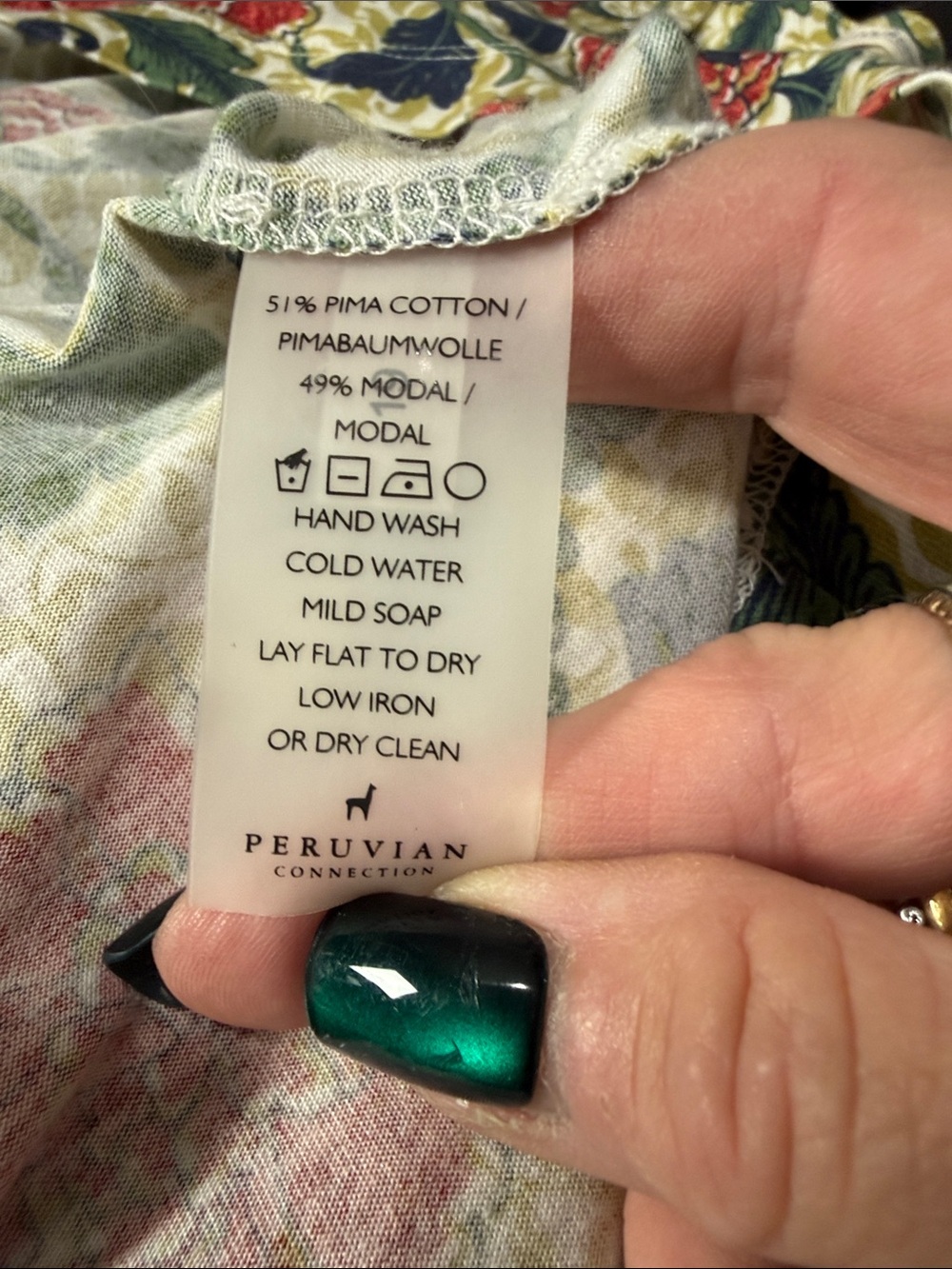 Peruvian Connection Pima Cotton Flora Print Quarter Sleeve Tunic Top Large - Picture 9 of 9